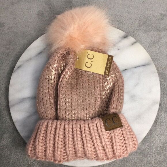 C.C Accessories - C.C Women's Faux Fur Pom Rose Shiny Metallic Finished Knit Beanie‎ Hat